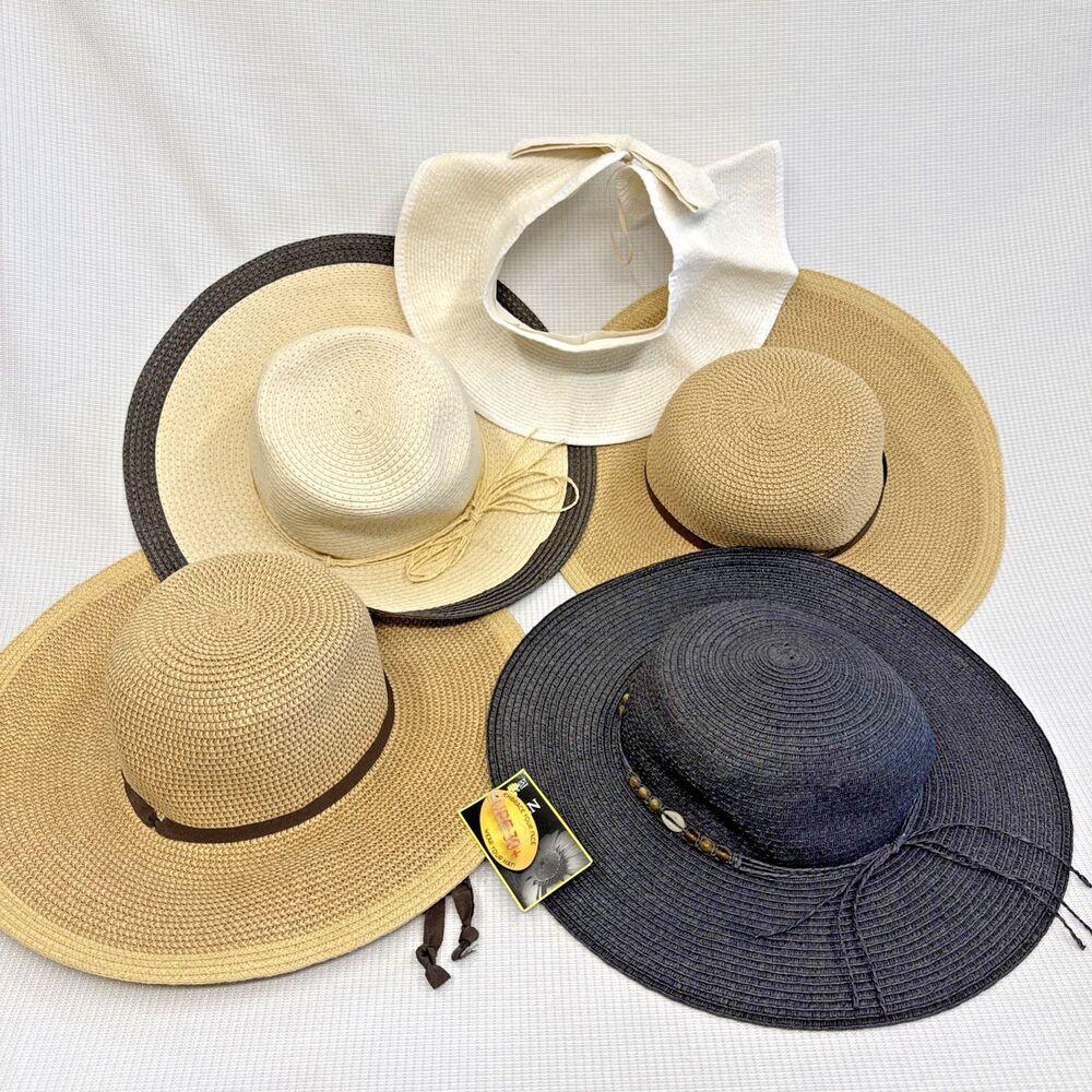 Lot of 5 Women's Floppy Woven Sun Beach Garden Wide Brim Hat 16” Straw Hats